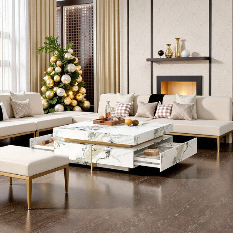 Table basse moderne carrée en faux marbre avec base suspendue et 4 tiroirs 43,3 po