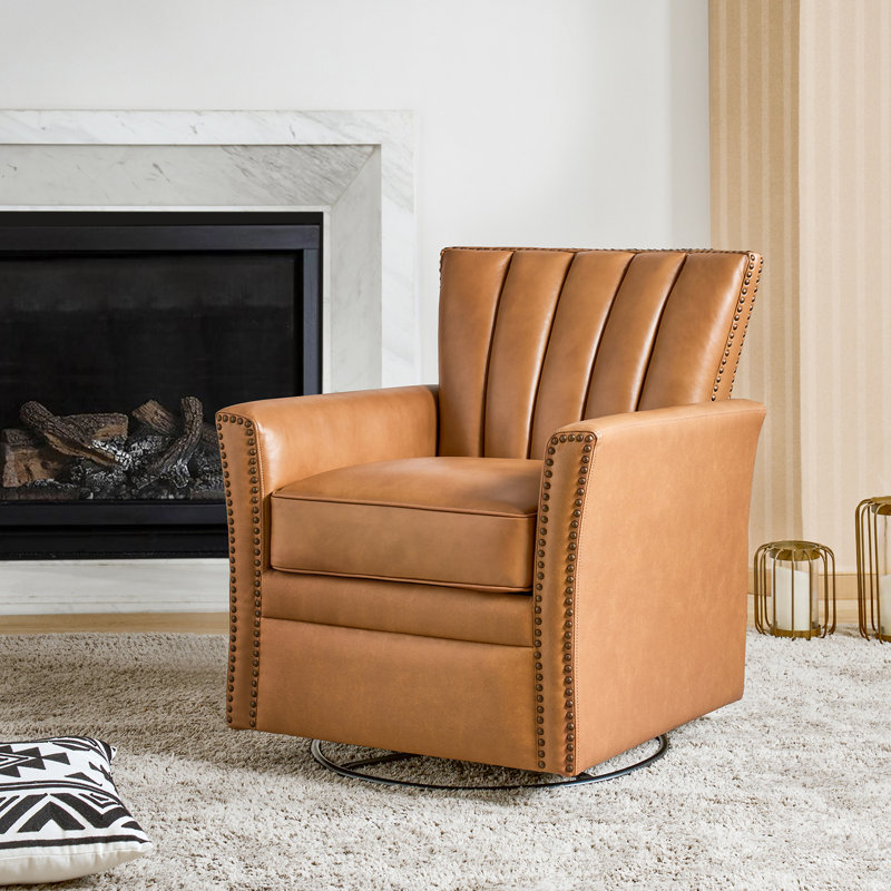 Heilig Genuine Leather Swivel Rocker Armchair, Camel Genuine Leather