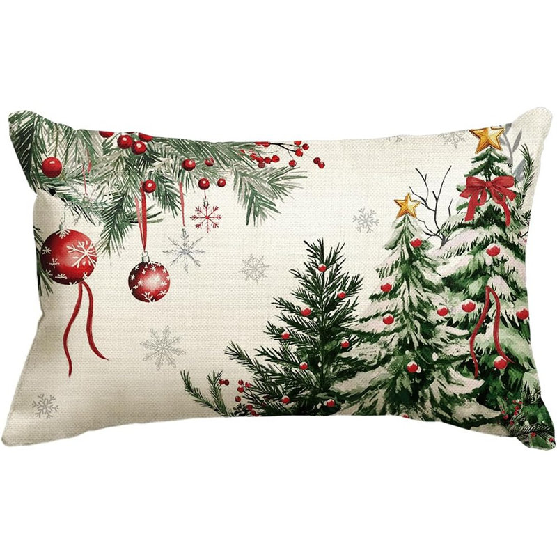 Housse de coussin vert, boules rouges et boules rouges, housse de coussin 12 x 20 pouces
