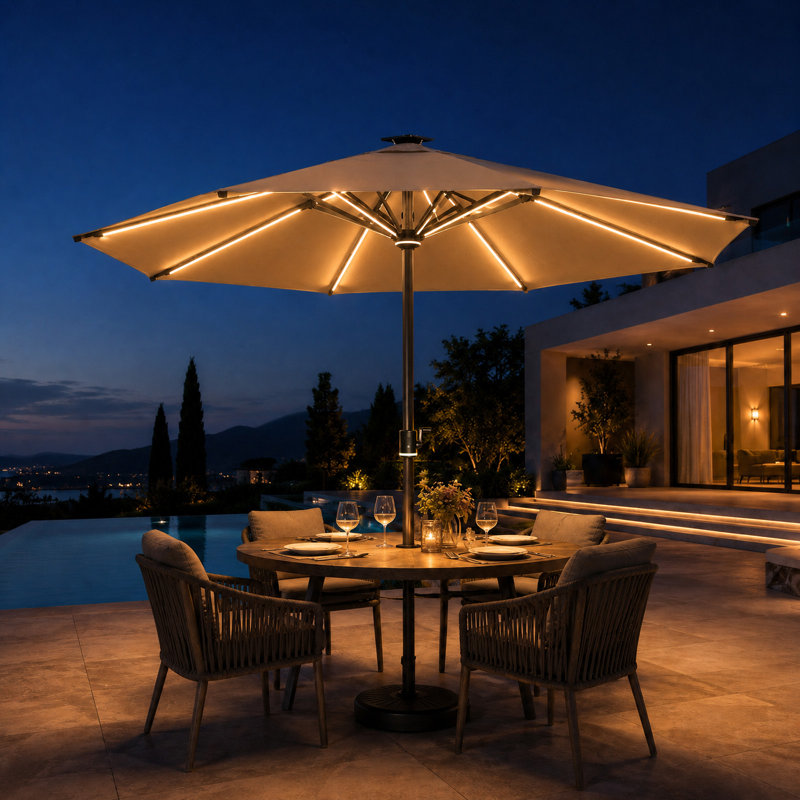 Parasol de patio 10 pi avec lumières solaires à DEL, système de levage à manivelle facile, protection UV, convient au balcon et à la cour