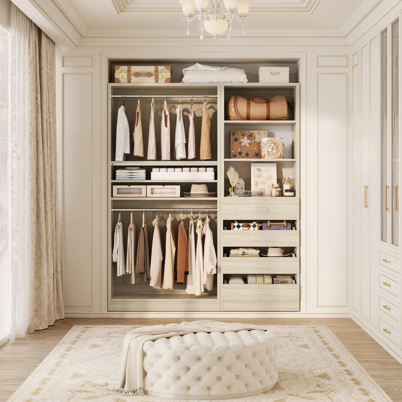 57" W Closet System With Drawers And Hanging Rods, Washed Oak