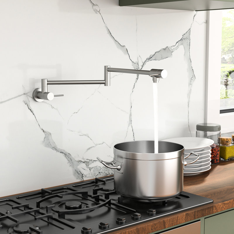 Single Hole Wall Mount Pot Filler, Brushed Nickel, Two Handles, 360 Swing, Foldable Design, Brass And Stainless Steel For Kitchen Stove - Handle Filler Faucet In Swivel, Stretchable, Solid Modern