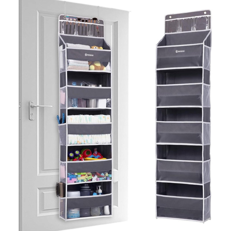Ensemble de 1 organisateur de porte avec 5 grandes poches, organisateur de rangement suspendu avec fenêtre transparente pour jouets, chaussures, couches, 5 couches, 10 poches latérales en filet