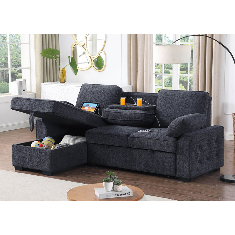 Canapé-lit modulaire réversible en tissu chenille gris anthracite de 91 po avec rangement Marcello, Chenille gris charbon