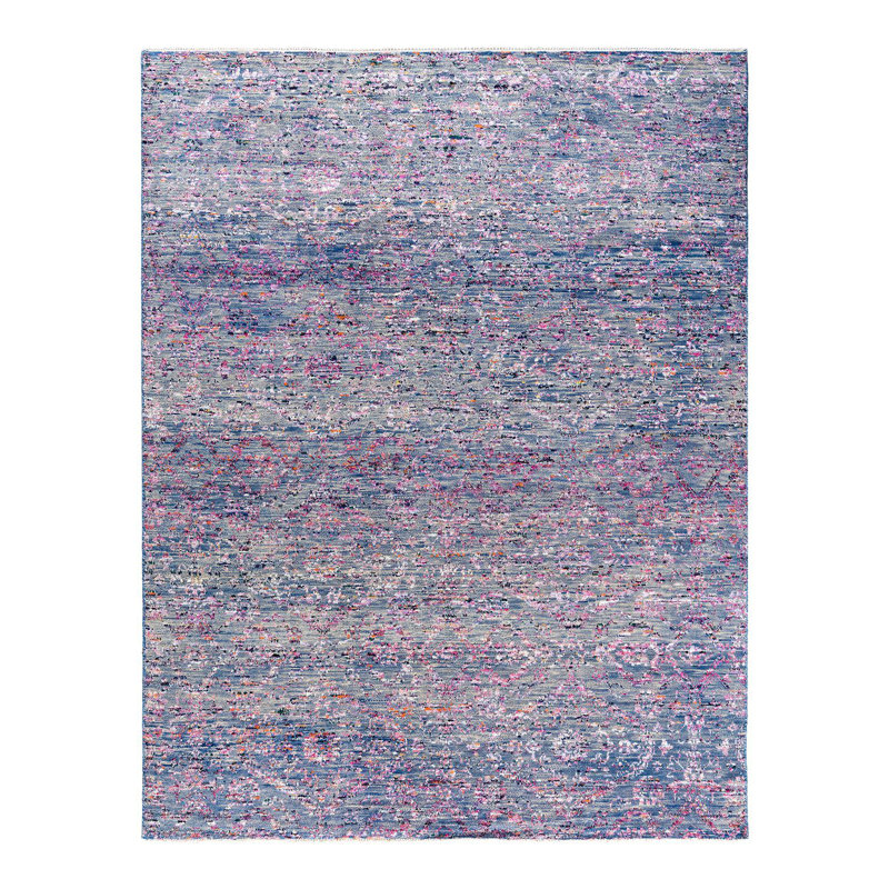 Hand-Knotted Blue Wool and Silk Rectangular Area Rug