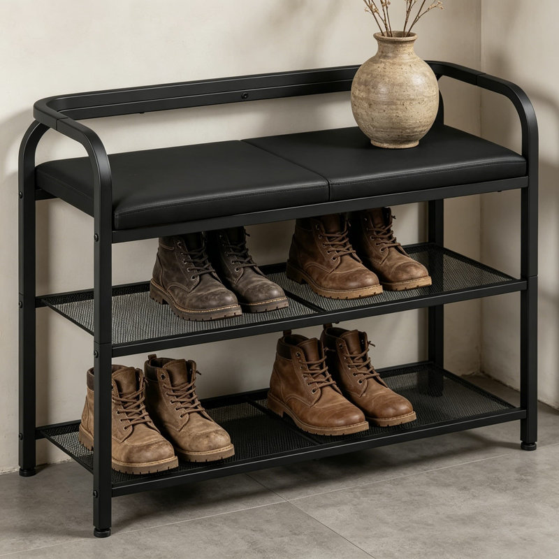 Banc à chaussures avec dossier, range-chaussures rembourré à 2 niveaux avec siège rembourré en polyuréthane, banc de rangement pour couloir, vestibule, chambre à coucher, structure en métal noir, 30,8 x 11,1 x 23,7 pouces