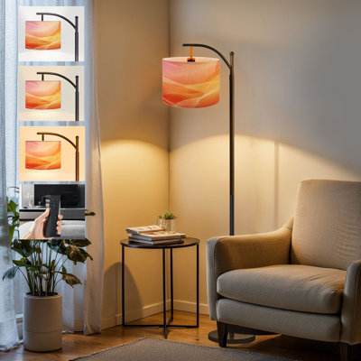  Arc Floor Lamp Abstract Yellow Orange Red Color Defocused Spotlight Tall Modern Standing Lamp LED Adjustable Linen Lampshade 3 Color Temperatures