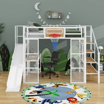 Full Size Metal Loft Bed With Built-In Desk, Open Wardrobe, Basketball Hoop, Slide And Staircase