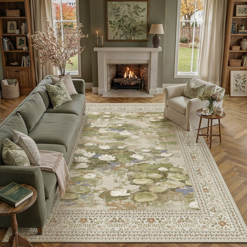 Aura Waterlily Art Machine Washable Area Rug, Beige, Rectangle 8' x 10'