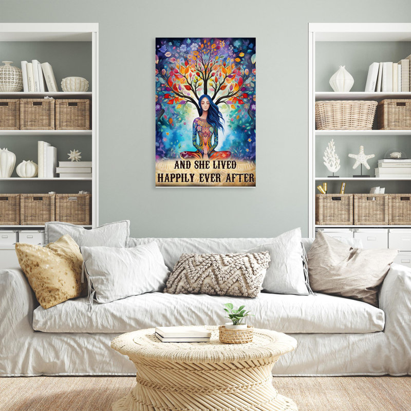 «Yoga And She Lived Happily», reproduction d'art graphique sur toile tendue, H 14 po x l 11 po x P 1,25 po