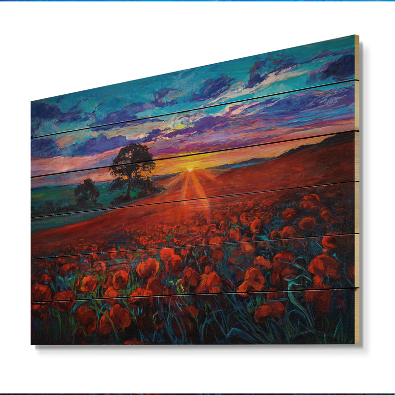 Poppy Fields - Décoration murale traditionnelle en bois, H 16 po x l 32 po x P 1 po, Bois de pin