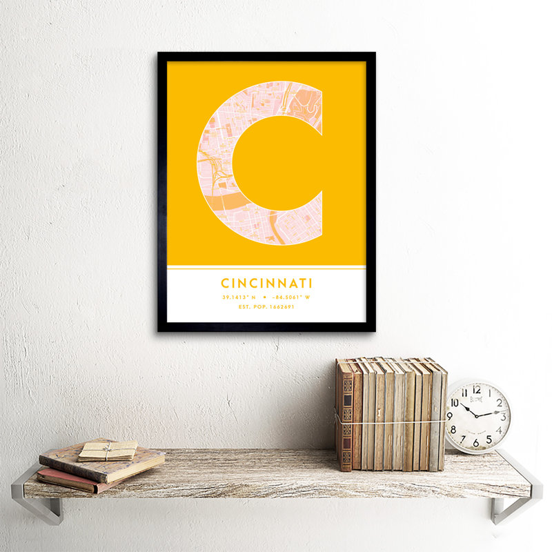 Cincinnati City Map Cincinnati Yellow - Single Picture Frame Typography