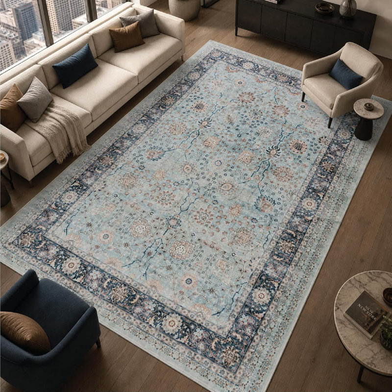 GLN Rugs Traditional Collection - Machine Washable Area Rug, Traditional Washable Rug, Non Slip Washable Rug, Low Pile Chenille Living Room Rug, Bedroom Rug, Kitchen Rug (Blue Floral Rug)