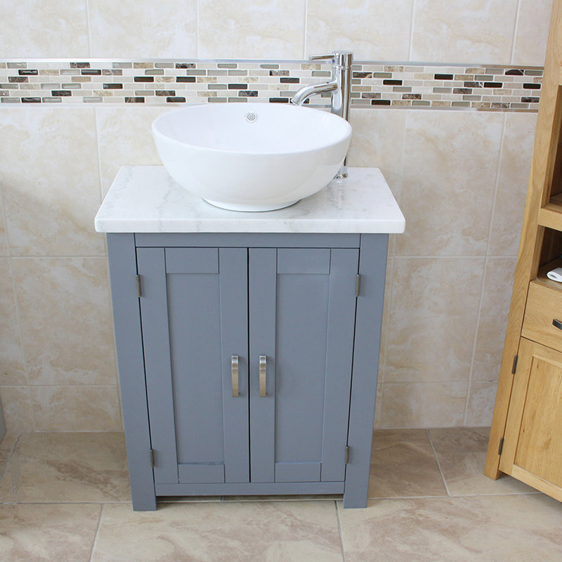 Robbs 650 mm Freestanding Single Vanity with Vessel Ceramic Basin, Grey, White Marble
