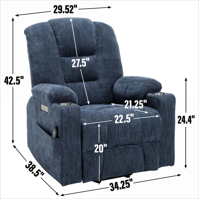 Living Room for Senior Use |  Wide Overstuffed Chenille Power Lift Massage Recliner Chair, Blue Finish, Blue