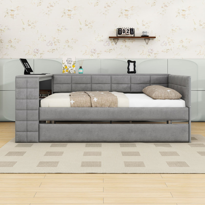 Lit plateforme tapissier double en bois avec lit gigogne simple, tablettes, bureau et station de charge, Gris