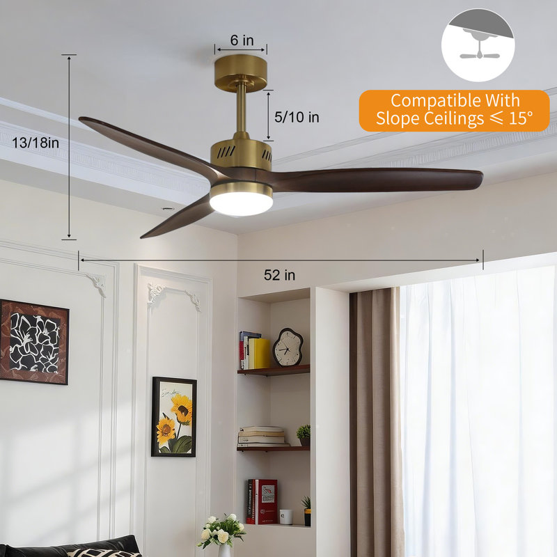 Glio 52 in. Gold Dark Walnut Downrod Mount Standard Ceiling Fan with Integrated LED DC Motor, Gold, Dark Brown Wood