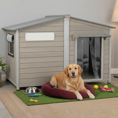 Outdoor Dog House, Wooden Dog Kennel with Window for Large Dogs, Gray