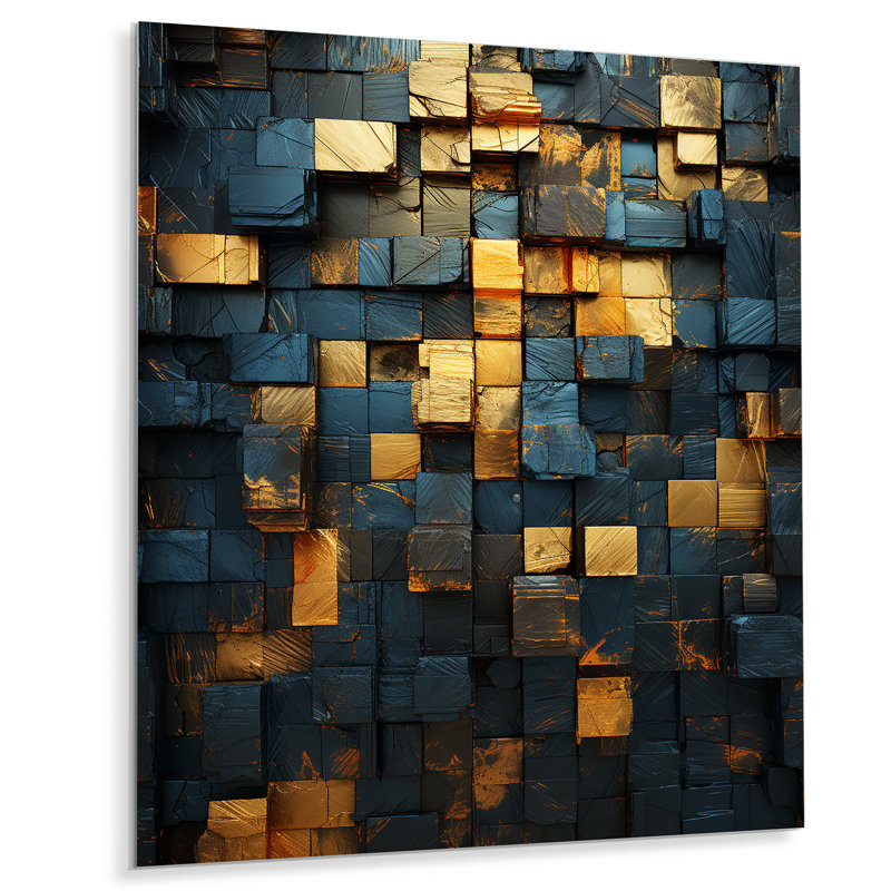 «Grunge Gold Cubes Abstract Geometric V - Abstract Tile», art mural en métal, H 44 po x l 34 po x P 1,5 po