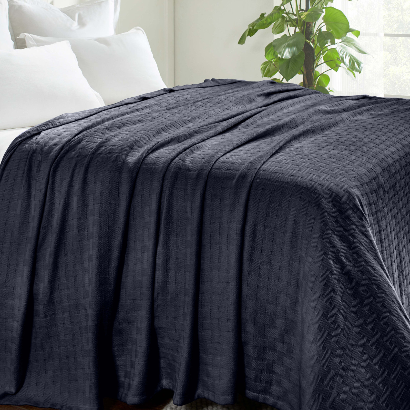 Bertie Cotton Throw Blanket, Full/Queen, Navy Blue