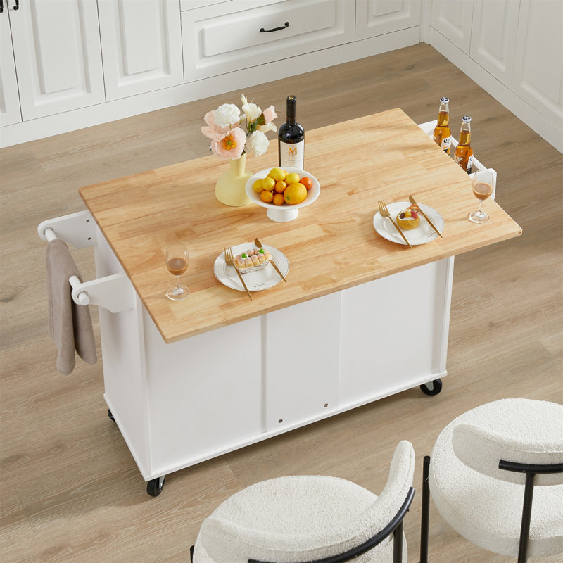 54" Kitchen Storage Islands with 3 drawers Drop-Leaf Table, White