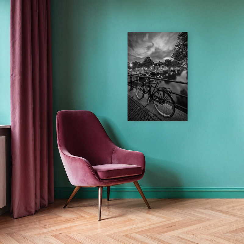 Amsterdam Canal Bicycle Night Classic Peaceful Tranquille Architecture City Wall Art Poster, 36" H x 24" W