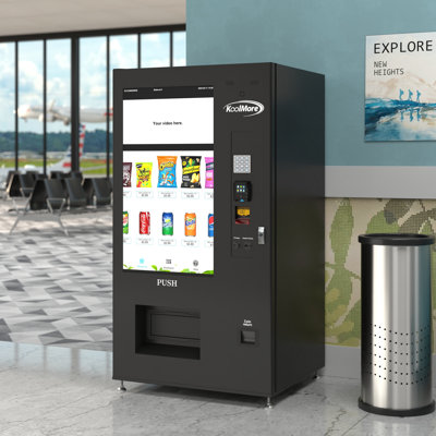 Refrigerated Snack Vending Machine In Black With 48 Slots Featuring Ample 49 Inch Touch Display, Bill Acceptor, Coin Acceptor, Credit Card Reader, Wifi and 4G Connectivity