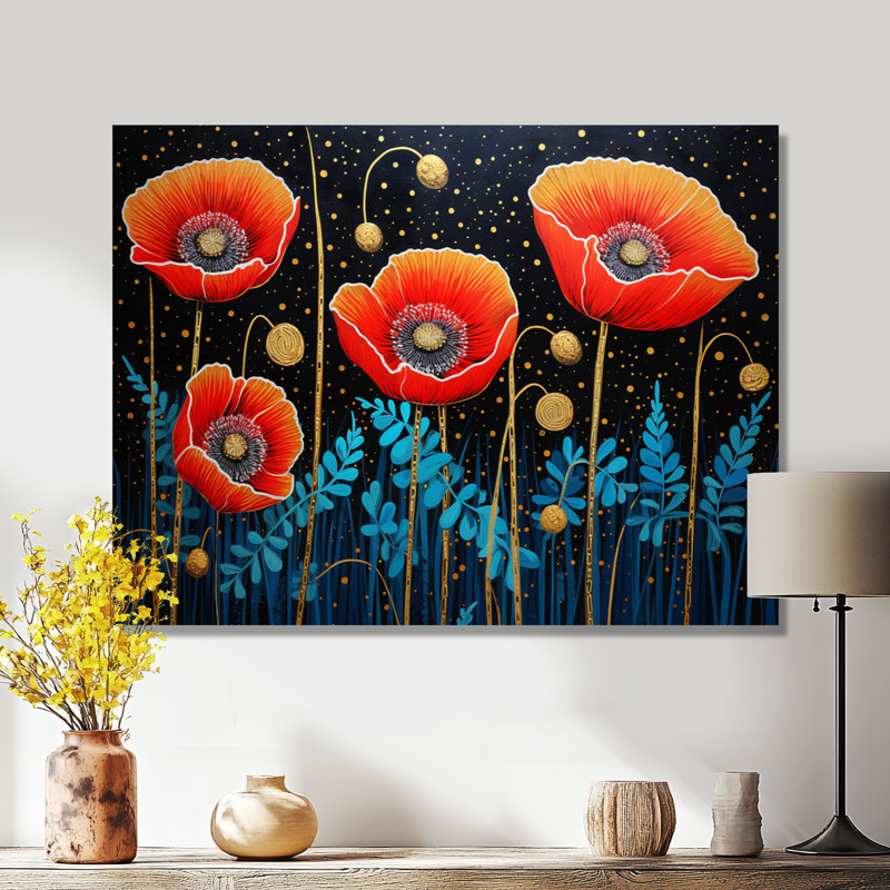 Quatre coquelicots seuls dans la nuit - salon d'art mural coquelicots, Toile tendue, H 34 po x l 44 po x P 1,5 po