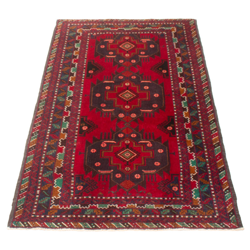 Tapis rouge foncé en laine noué à la main de conception unique 3 pi 11 po x 7 pi 0 po Teimani
