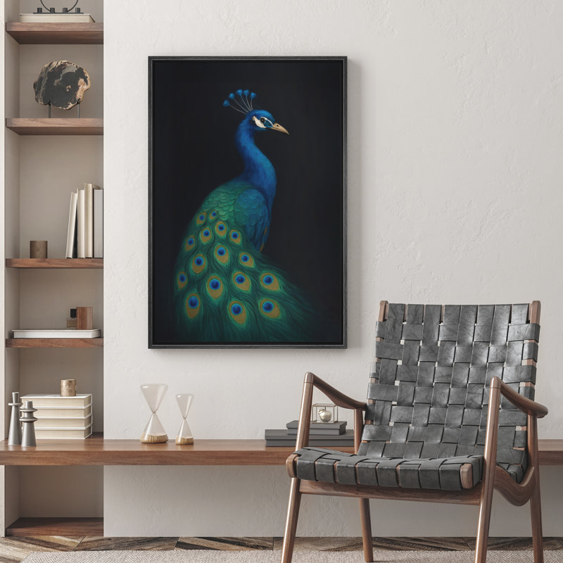 Portrait de paon vibrant sur fond noir - reproduction d'art, art mural sur toile encadré pour le salon ou le bureau, décor naturel élégant dans un style réaliste