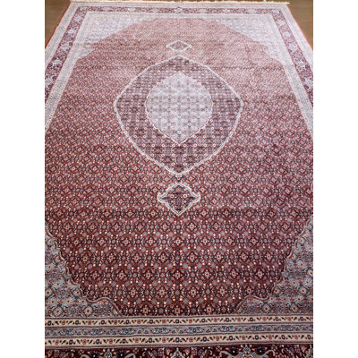 Tapis unique en laine noué à la main de 9 pi 7 po x 14 pi 1 po rouge / bleu / crème