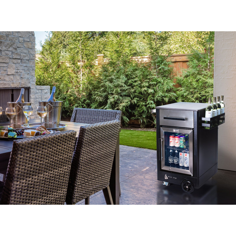 Mont Alpi Outdoor Bar Patio Island Kitchen Mobile Bar Prep Cart Station + Compact Refrigerator