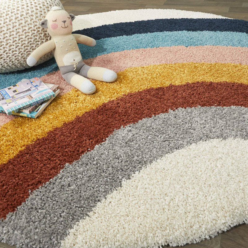Olanda Rainbow Shag Area Rug, Round 5'3", Cream Rainbow