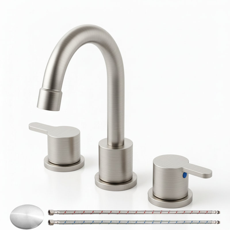Modern Brushed Nickel High-Arc Widespread Bathroom Faucet With Pop-Up Drain Assembly & Supply Lines, Brushed Nickel