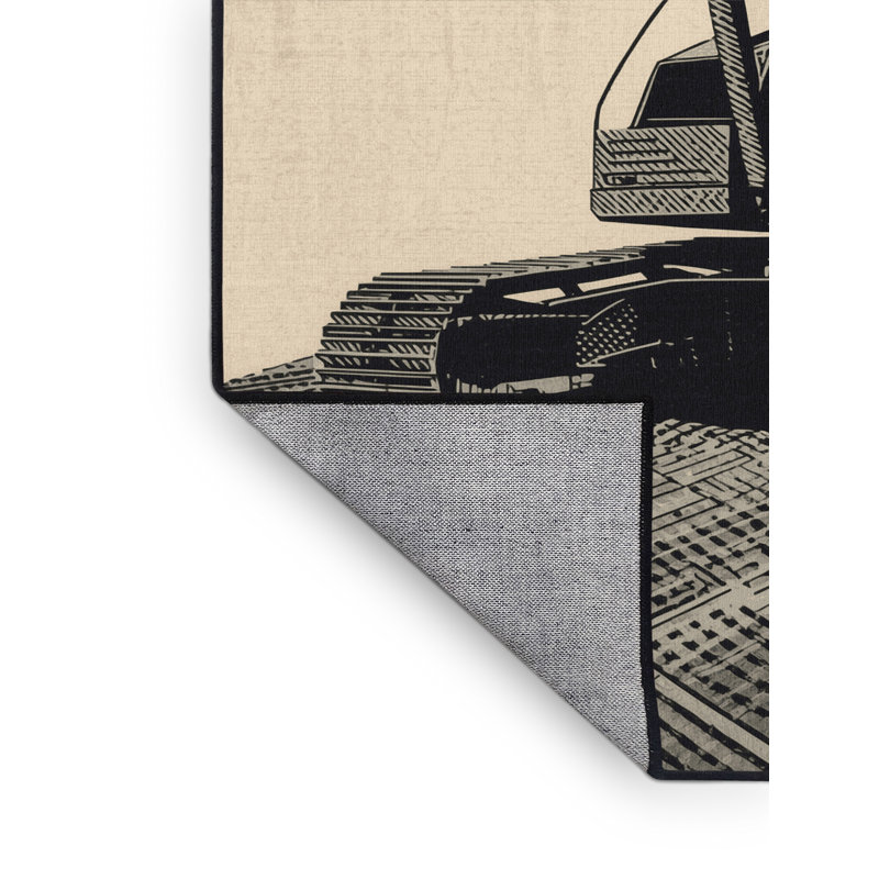 Machine Washable Kendari Excavator Construction Vehicle Industrial Block Print Rug in Beige – Black Binding, 8x10