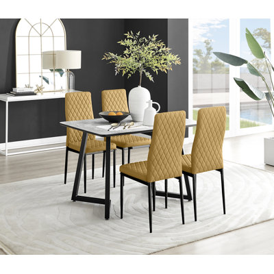 Benia White & Grey Marble Effect Dining Table Set with x4 Luxury Velvet Upholstered Dining Chairs