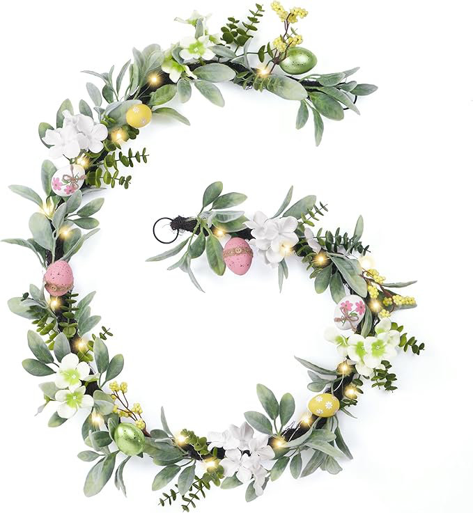  Guirlande œuf de Pâques pastel 6 pi pour manteau de cheminée avec lumières à DEL, guirlande florale printanière avec oreilles de mouton pour fenêtre