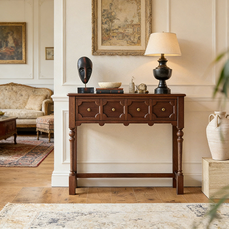 Console franÃ§aise rÃ©tro en bois massif, 33.9" H x 39.4" W x 13.8" D, Brown