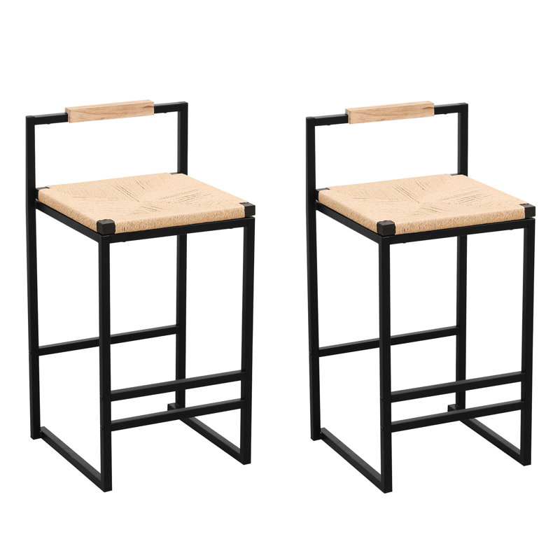 2 tabourets de bar avec siège et dossier en corde de papier tissé, fabrication en métal, convient à la cuisine, à la salle à manger, à la vie facile à assembler du dossier: construction et naturel
