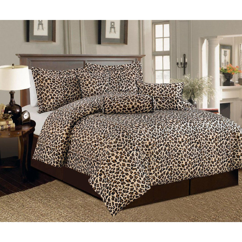 Leopard Faux Fur Baffle Box Stitch Animal Print Comforter, Cal. King Comforter + 6 Additional Pieces
