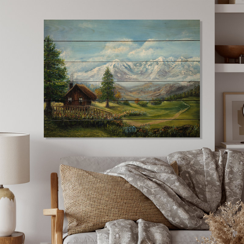 Paysage de chalet de montagne - impression sans cadre sur bois, H 30 po x l 40 po x P 1 po
