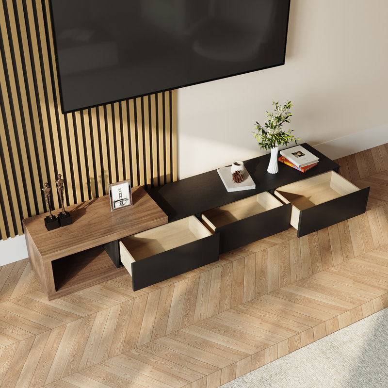 Tenita 70.86'' - 100'' Wood Extendable TV Stand, Wood Media Console, Pre-Assembly, Black/Brown