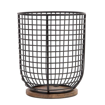 Extra Large Black Utensil Holder 7.2 X 6.2 With Wooden Base - Farmhouse Cooking Utensil Storage - Wire Crock Kitchen Countertop Organizer