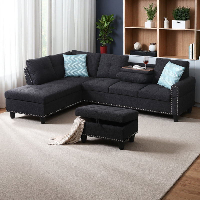 Rivet-Trimmed L-Shaped Sofa, Charcoal Gray Linen