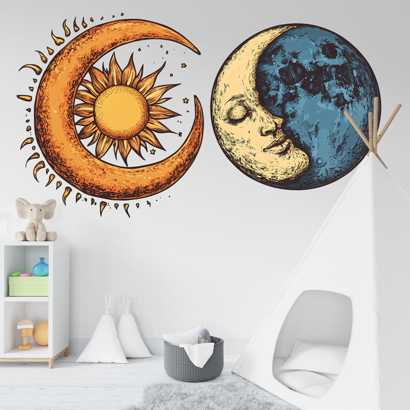 Sun Moon Wall Decal, Celestial Wall Sticker, Boho Bedroom Wall Art, Mystic Sun Moon Decor, Astrology Wall Mural, 179Gm