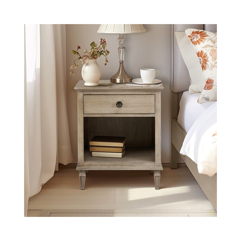 Table de chevet de style campagnard avec tiroir et compartiment ouvert