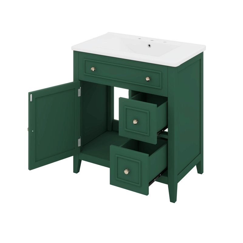 Meuble-lavabo de salle de bain avec lavabo et armoire de rangement, lavabo en céramique, 2 tiroirs et porte, Vert