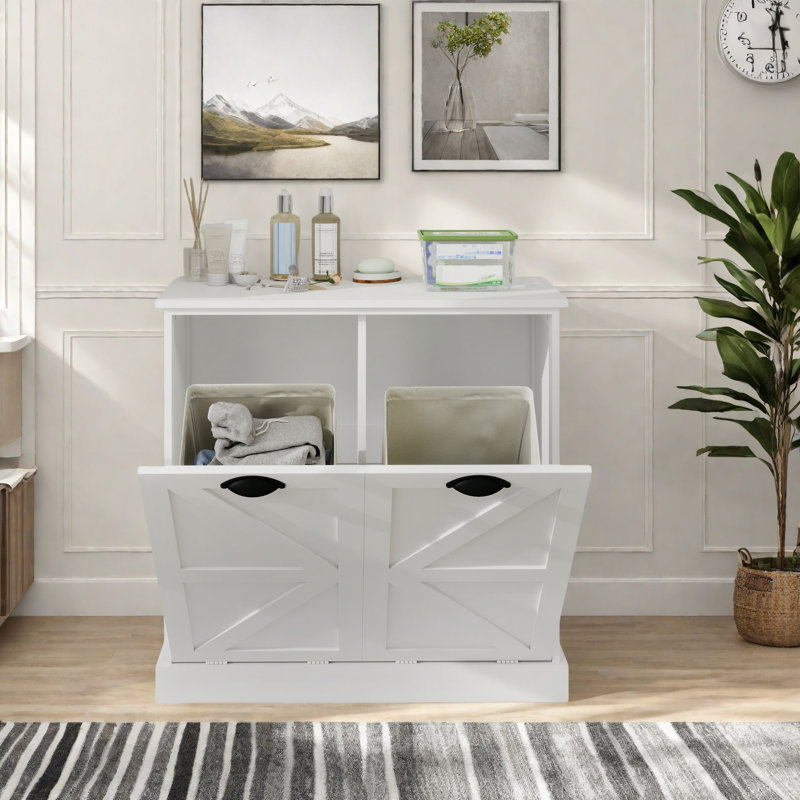 Two-Compartment Tilt-Out Laundry Sorter Cabinet-White