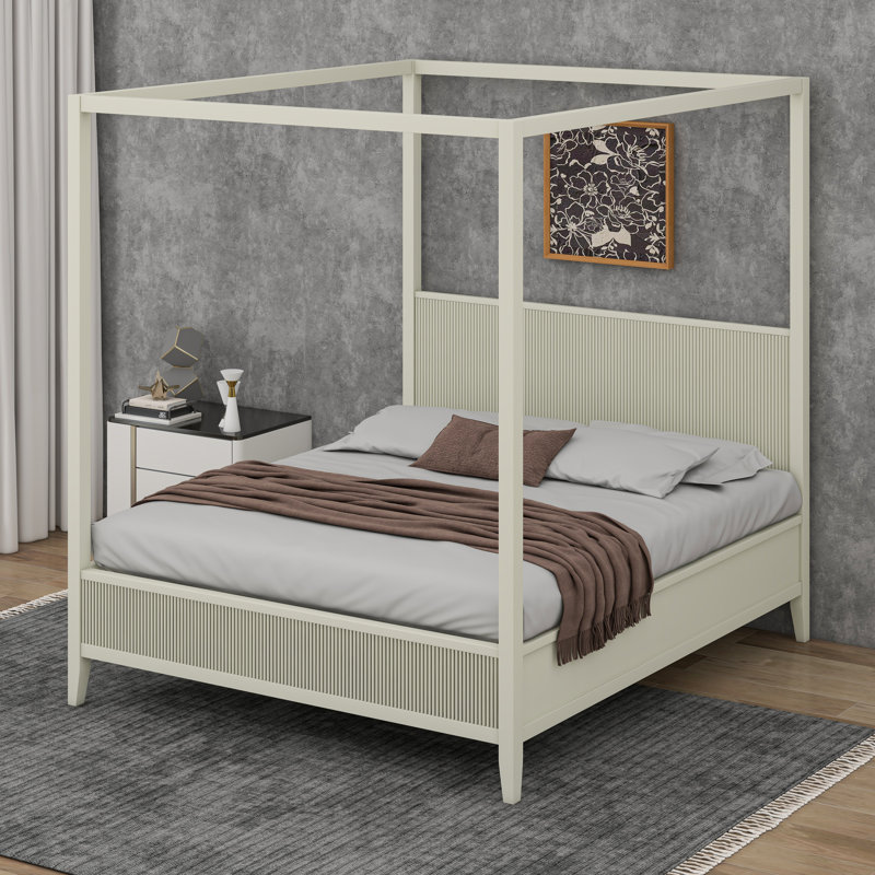 Cadre de lit à baldaquin avec tête de lit, lit plateforme en bois à 4 affiches de style Mid-Century avec support en lattes de bois