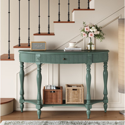 Console rétro en demi-lune cannelée rétro, table d'entrée en bois massif vert rustique, tiroir, tablette et pieds romains sculptés, canapé-lit étroit pour le couloir, le vestibule et le salon